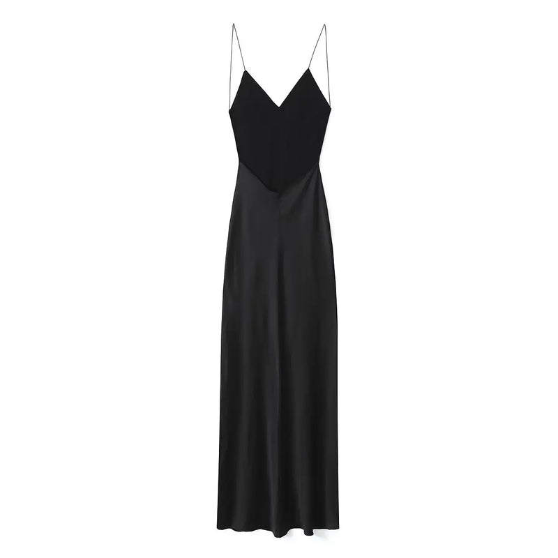 TRAFZA 2024 Mulheres Vestido de Verão Cetim Sem Mangas Sem Encosto Decote Em V Feminino Vestidos Longos Chic Sexy Party Vintage Mulher Vestido de Noite