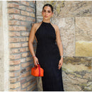 Elegante Plissado Halter Vestidos Longos Mulheres Retro Sexy Slim Sem Mangas Sem Encosto Vestido de Praia Feminino Chic Party Holiday Vestidos