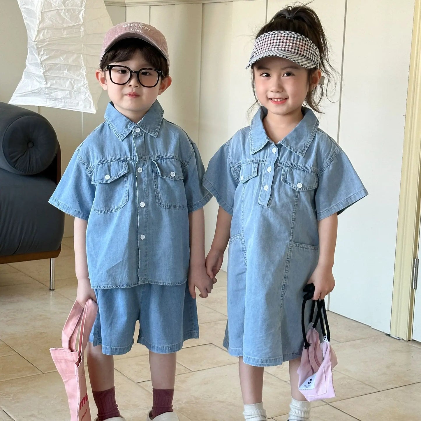 Roupas infantis 2025 verão novo terno jeans para menino ou vestido de menina casual roupas para irmão e irmã