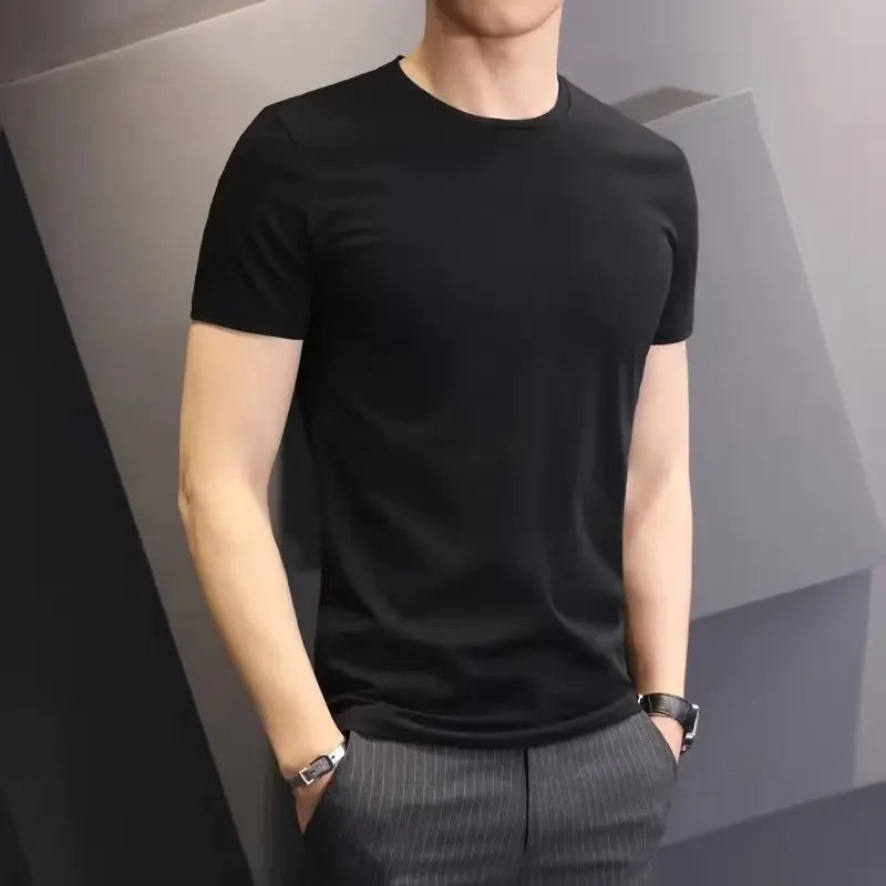 Camiseta masculina de verão estilo coreano Slim Fit de manga curta 140g blusa de poliéster suaviza sua silhueta Cor sólida Camada de base Top