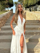 Laxsesu Deep V-Neck Halter Vestido Mulher Verão Babados Splits Backless Elegante Patchwork Sólido Festa Coquete Sexy Vestidos