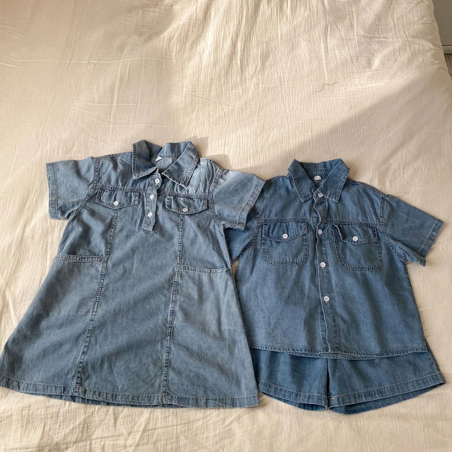 Roupas infantis 2025 verão novo terno jeans para menino ou vestido de menina casual roupas para irmão e irmã