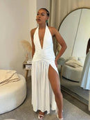 Laxsesu Deep V-Neck Halter Vestido Mulher Verão Babados Splits Backless Elegante Patchwork Sólido Festa Coquete Sexy Vestidos