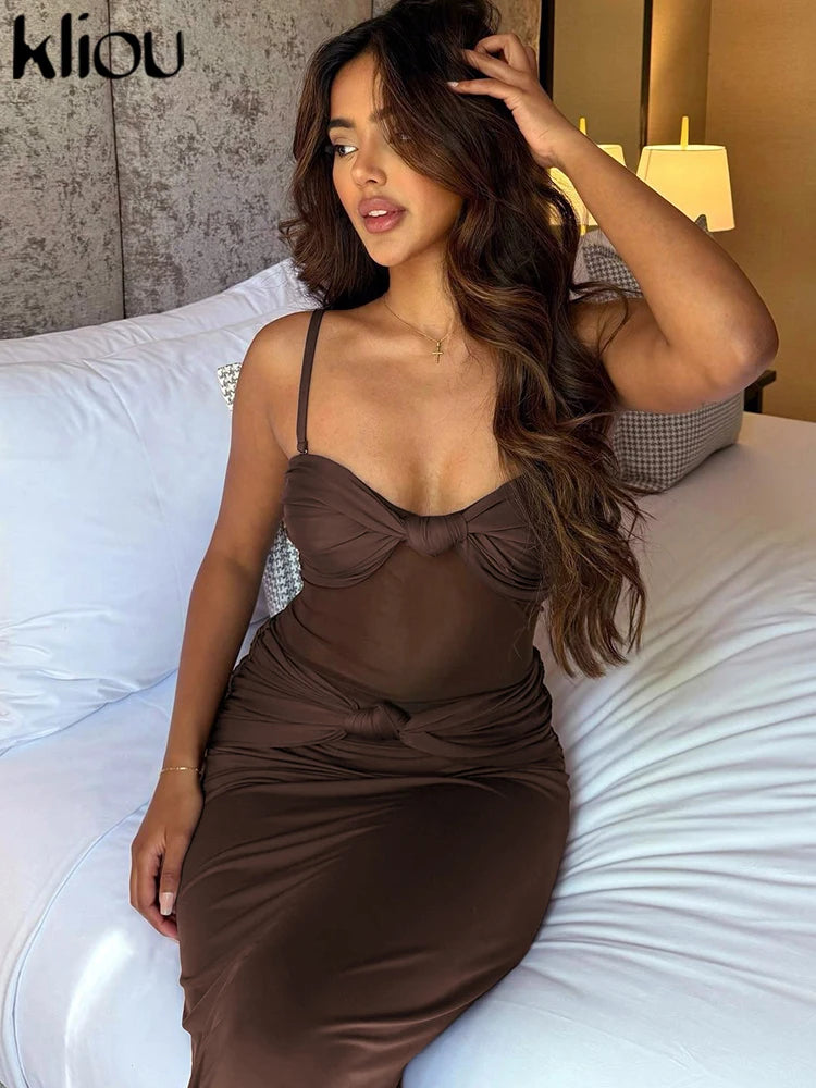 kliou Malha Suspendência Mulheres Maxi Vestido Sexy Ver Através Amarrado Patchwork Gola Baixa Sem Encosto Bodycon Feminino Moda Festa Vestidos