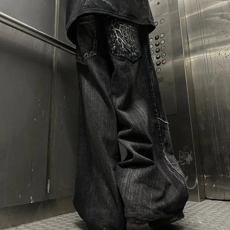 Gótico Retro Oversized Baggy Fit Unisex Mopping Pants Y2K Phantom Jeans High Street Spider Bordado Patch Hip Hop Streetwear