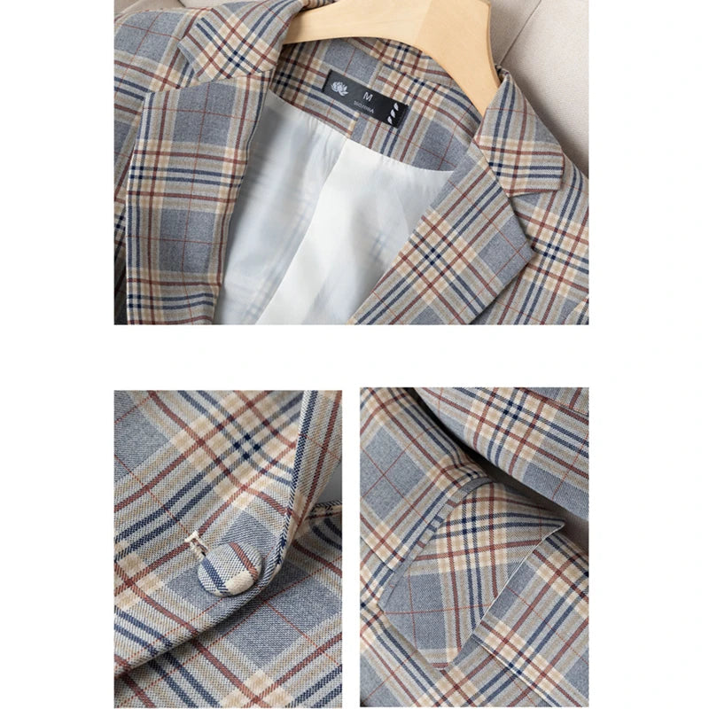 Jaqueta de Blazer Xadrez Listrado Cinza Moda Feminina Casacos Slim Decote em V Único Botão Senhoras Blazers S-XXXXXL