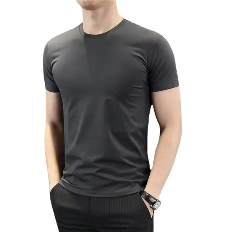 Camiseta masculina de verão estilo coreano Slim Fit de manga curta 140g blusa de poliéster suaviza sua silhueta Cor sólida Camada de base Top