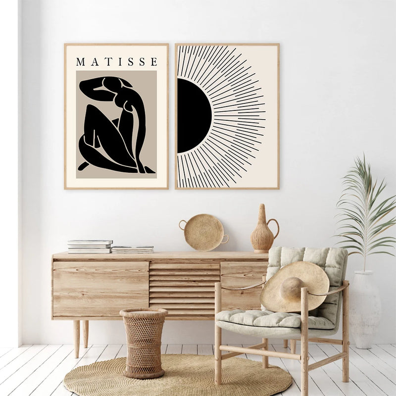 Cartaz abstrato Boho Matisse Preto Bege Dente-de-leão Impressão de Arte Sol Pintura em tela Moderna Imagem de parede Sala de estar Decoração de quarto