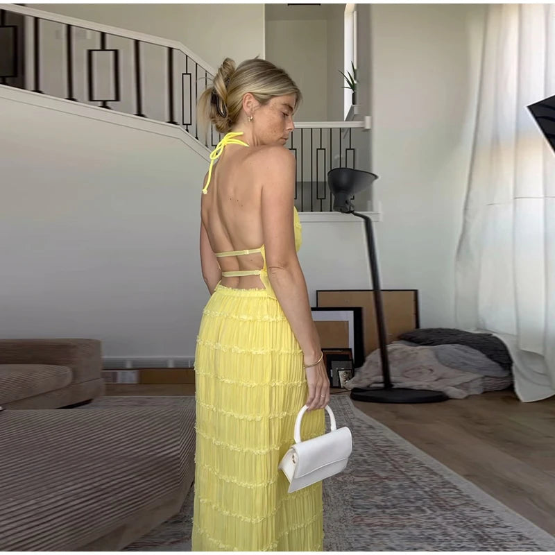 Elegante Plissado Halter Vestidos Longos Mulheres Retro Sexy Slim Sem Mangas Sem Encosto Vestido de Praia Feminino Chic Party Holiday Vestidos