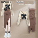 Primavera Outono Novas Suéteres de Malha Femininas Duas Peças 2025 Coreano Elegante Arco Cardigan Strap Saia Conjunto Correspondente Roupas Femininas