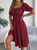 Mulheres Vestidos Pequenos 2024 Verão Casual Decote Quadrado Manga Curta Cintura Vestido de Borda com Babado Mulheres Elegante