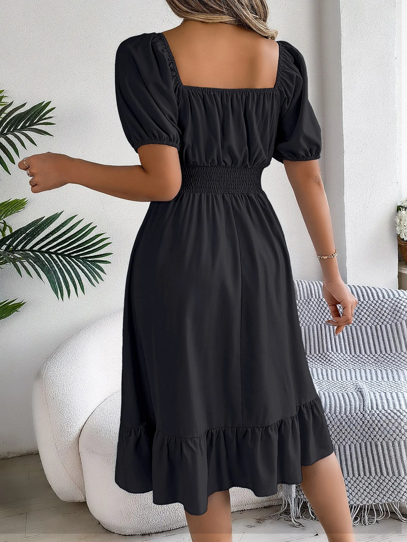 Mulheres Vestidos Pequenos 2024 Verão Casual Decote Quadrado Manga Curta Cintura Vestido de Borda com Babado Mulheres Elegante