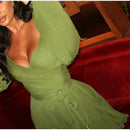 Moda Feminina Chiffon Plissado Lace Up Cintura Alta Mini Vestido Chic Verde Oco Out Manga Cheia A Linha de Vestidos Senhora Vestes de Praia