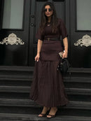 2025 Chic Splicing Brown Meia Manga Maxi Vestido Feminino Casual Plissado A Linha Slim Vestidos Femininos Escritório Comutar Vestes de Rua