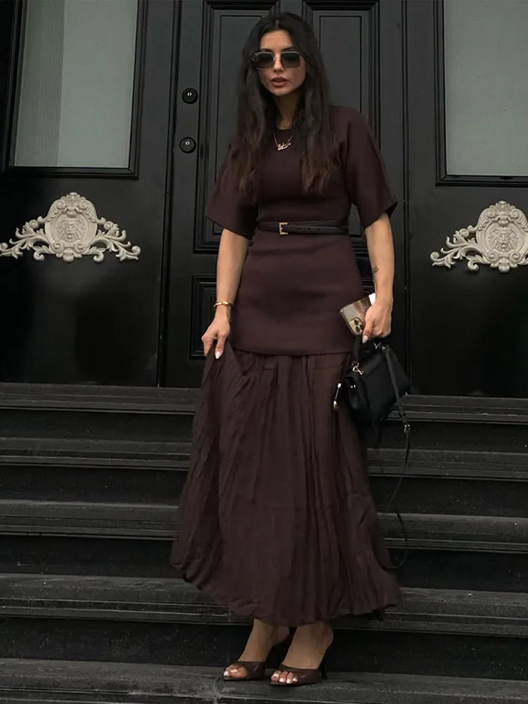 2025 Chic Splicing Brown Meia Manga Maxi Vestido Feminino Casual Plissado A Linha Slim Vestidos Femininos Escritório Comutar Vestes de Rua