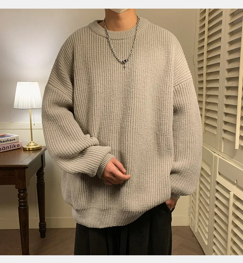 Suéter de gola redonda, cor sólida, básico, masculino, feminino, outono, inverno, parcimonioso, simples, casal, suéter de malha, quente, macio