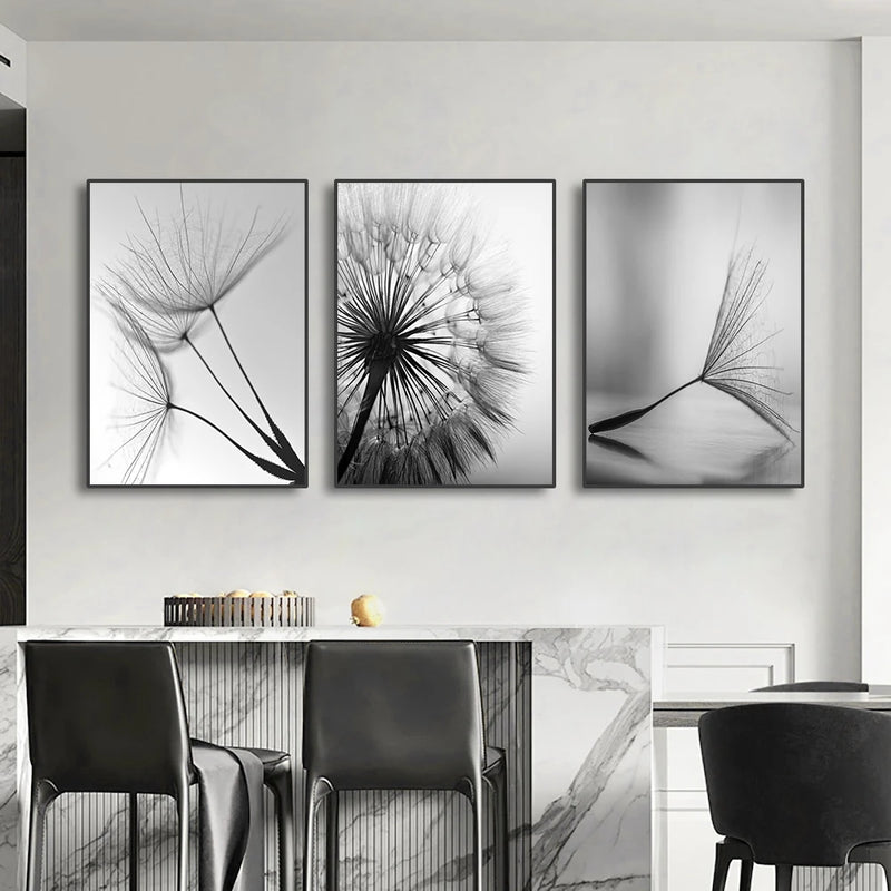 3 PCS Preto e Branco Arte Da Parede Pintura Em Tela Dente De Leão Flor Fotos Cartaz E Impressões Casa Obras De Arte Decorativas Para Cozinha