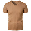 Homens Corrida Esportes Fitness Verão Novo Alto Elástico Listra Vertical Manga Curta Decote em V Slim Fit Malha Inferior Camisa Top