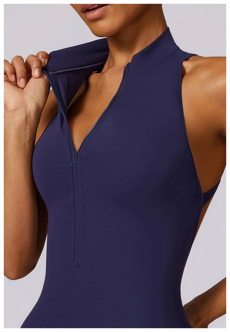 V Voltar Terno De Uma Peça Das Mulheres Macacão Esportivo Zíperes Yoga Macacão Backless Sportswear Mulheres Sleeveles Workout Bodysuits Feminino