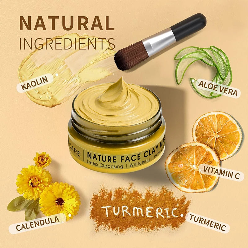 Máscara Facial de Argila com Cúrcuma e Vitamina C para Limpeza Profunda e Hidratação, Cuidados com a Pele, Máscara Facial para Remoção de Cravos e Limpeza de Poros