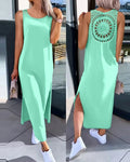 Vestidos Femininos 2024 Moda Verão Fenda Vazada Casual Tecido Decote Redondo Sem Mangas Diário Reto Vestido de Panturrilha Média