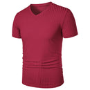 Homens Corrida Esportes Fitness Verão Novo Alto Elástico Listra Vertical Manga Curta Decote em V Slim Fit Malha Inferior Camisa Top