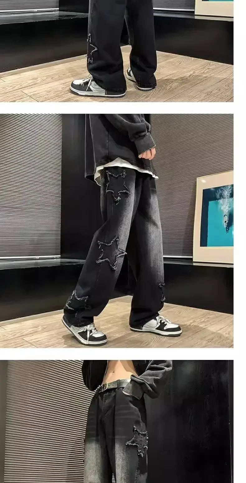 Estrelas Patchwork Homens Jeans Nova Moda Y2K Tassel Pants Coréia Roupas Em Linha Reta Hip Hop Emenda Calças Masculinas Streetwear