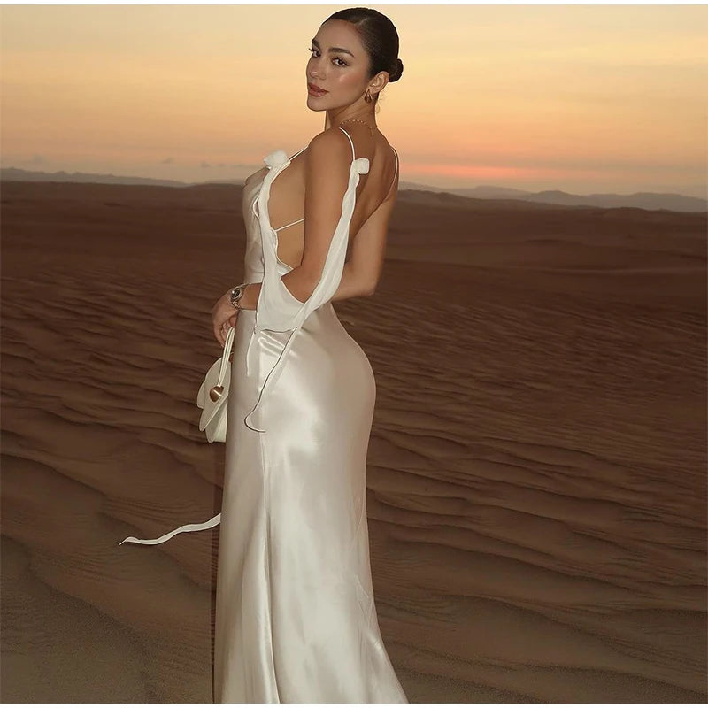 Sexy fita branca de seda cetim estilingue vestido para as mulheres elegante swing colarinho backless vestidos longos 2025 mulheres novo praia férias robe
