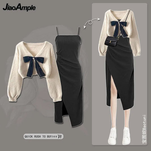 Primavera Outono Novas Suéteres de Malha Femininas Duas Peças 2025 Coreano Elegante Arco Cardigan Strap Saia Conjunto Correspondente Roupas Femininas