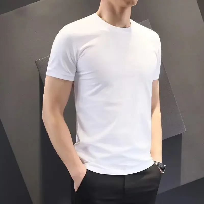 Camiseta masculina de verão estilo coreano Slim Fit de manga curta 140g blusa de poliéster suaviza sua silhueta Cor sólida Camada de base Top