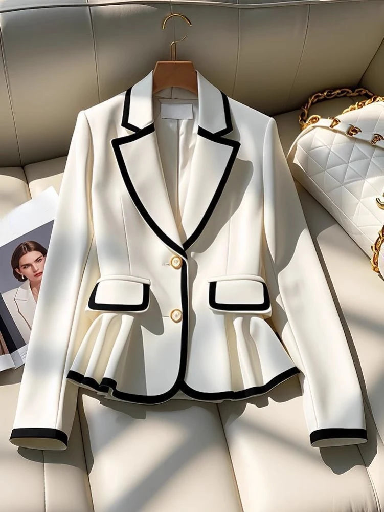 Blazers Elegantes Franceses Gola Entalhada Manga Comprida Babados Contraste Cor Casacos Primavera Outono Feminino Slim Design Roupas Femininas