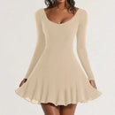 Vestidos femininos Mia Muse para todas as estações Namoro francês Cor sólida Bainha de alface Manga comprida Decote redondo Mini vestido de festa com babados