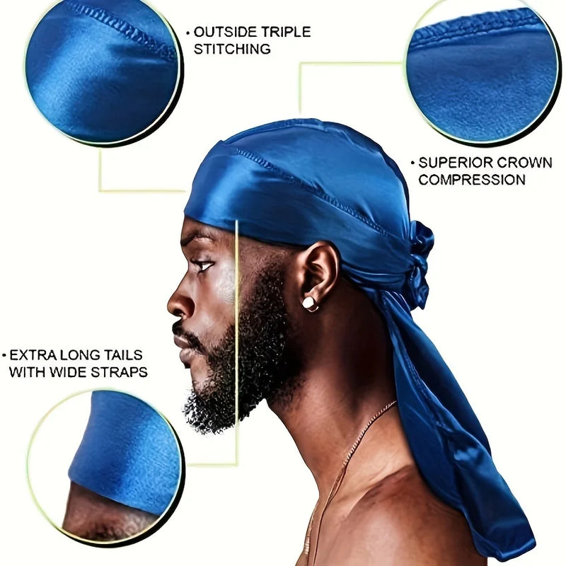 Boné Bandana Durag de Seda Masculino com Cauda Longa para Ondas