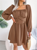 Vestido Casual Franzido com Decote Quadrado e Manga Longa com Acabamento em Babados para Primavera e Outono, Roupas Femininas