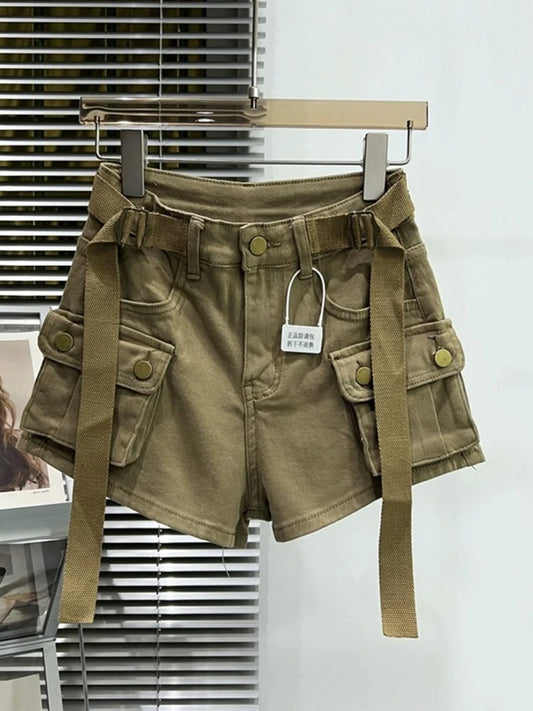 Shorts jeans de bolso grande para mulheres elásticas finas 2024 novas calças cargo curtas de cintura alta primavera/verão para meninas legais calças jeans quentes