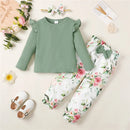 1-5 anos Kids Girl Conjunto de roupas de manga comprida Camisa com nervuras de cor sólida + calças florais + faixa de cabeça Outono 3PCS Outfit para menina da criança