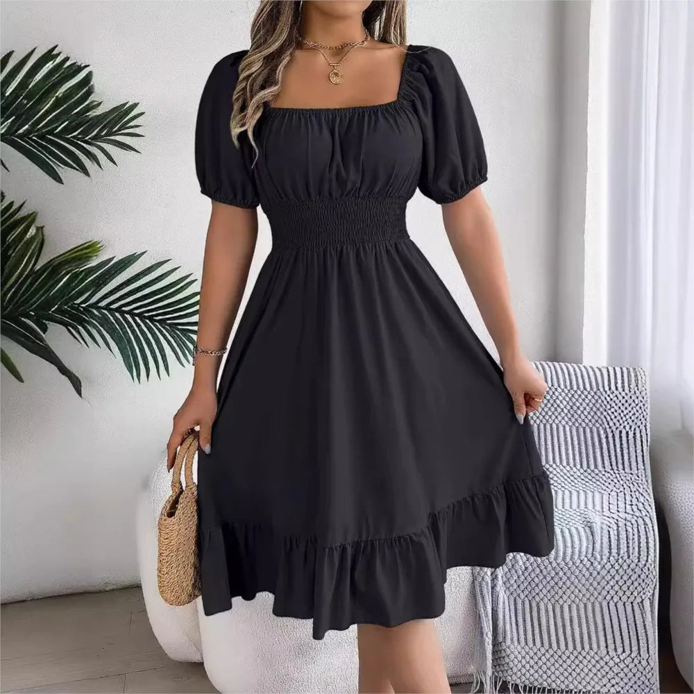 Mulheres Vestidos Pequenos 2024 Verão Casual Decote Quadrado Manga Curta Cintura Vestido de Borda com Babado Mulheres Elegante