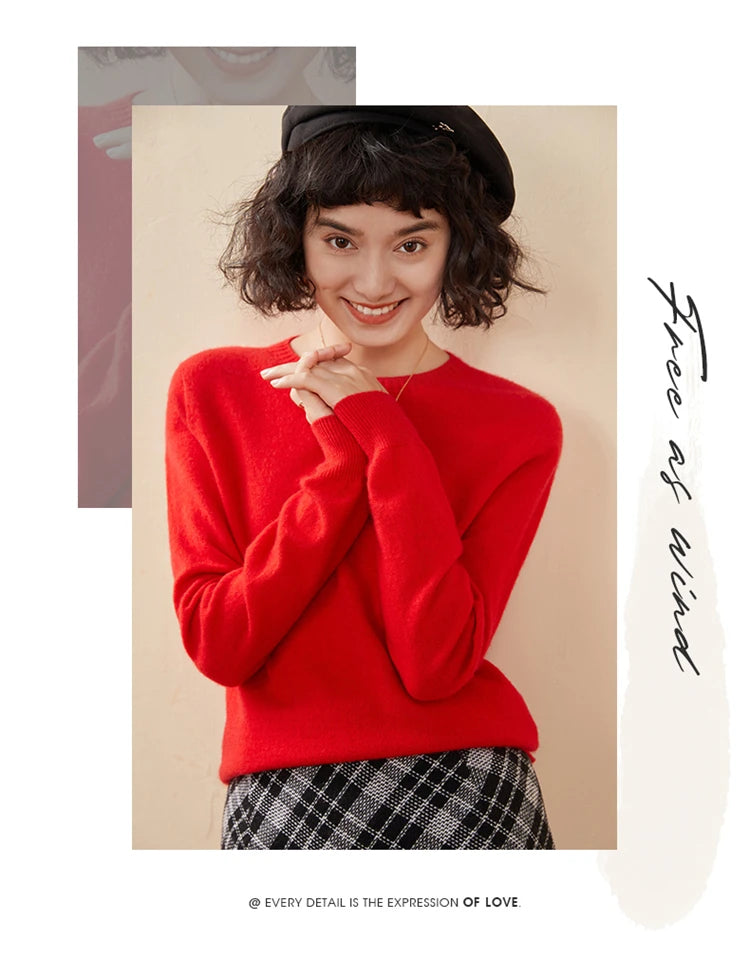 Pulôver feminino outono/inverno 100% puro suéter de caxemira casual suéter de malha gola redonda solto Tops básico versátil Blusa