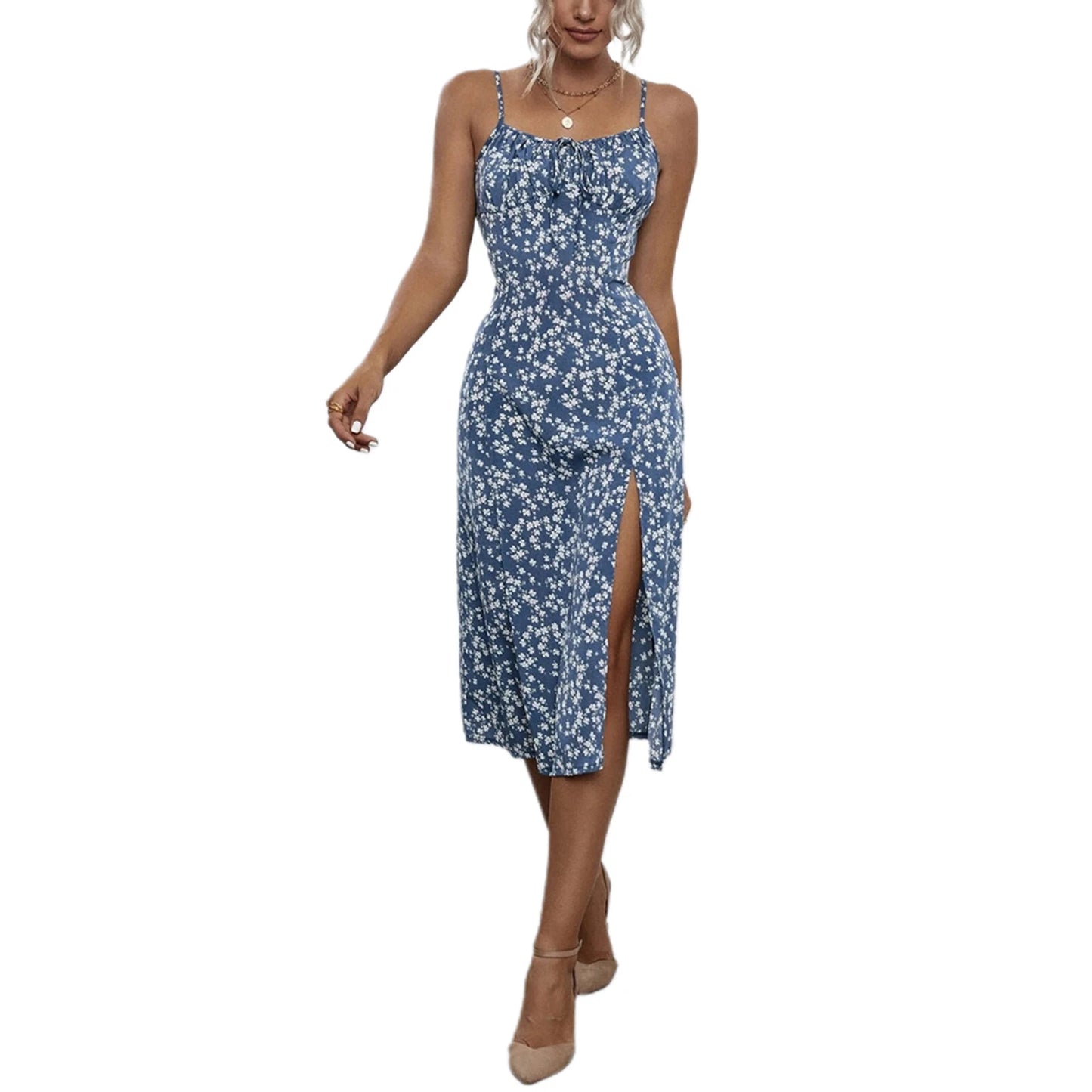 Roupas Femininas Verão 2024 Tendência Vestido Floral, Estampa de Flores Alças Finas Sem Mangas com Fenda Alta para Senhoras