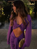 Vestido Maxi Fino Roxo Oco Out Mulheres Elegante Decote Em V Profundo Plissado Manga Cheia Vestidos Longos 2024 Vestes De Festa Da Senhora Da Moda