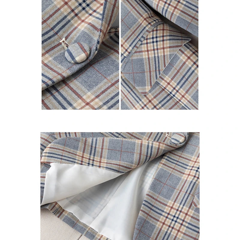 Jaqueta de Blazer Xadrez Listrado Cinza Moda Feminina Casacos Slim Decote em V Único Botão Senhoras Blazers S-XXXXXL