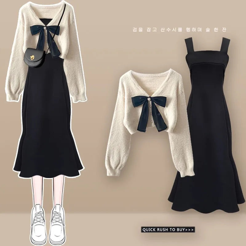 Primavera Outono Novas Suéteres de Malha Femininas Duas Peças 2025 Coreano Elegante Arco Cardigan Strap Saia Conjunto Correspondente Roupas Femininas