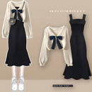 Primavera Outono Novas Suéteres de Malha Femininas Duas Peças 2025 Coreano Elegante Arco Cardigan Strap Saia Conjunto Correspondente Roupas Femininas