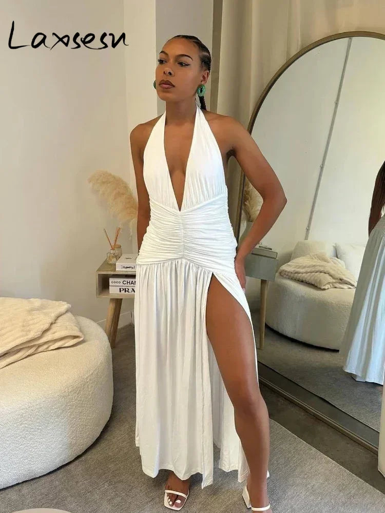 Laxsesu Deep V-Neck Halter Vestido Mulher Verão Babados Splits Backless Elegante Patchwork Sólido Festa Coquete Sexy Vestidos