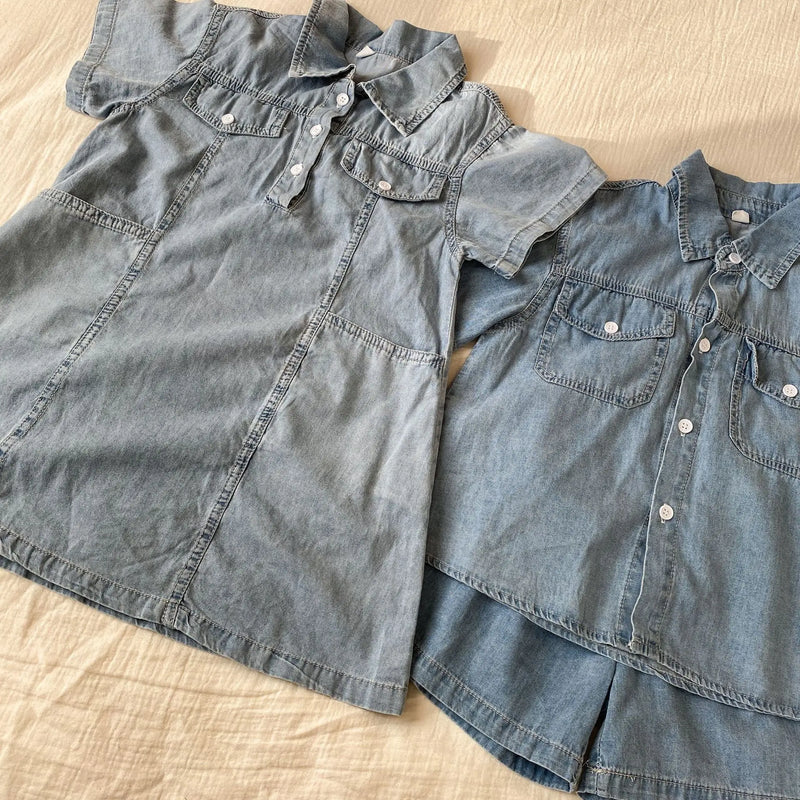 Roupas infantis 2025 verão novo terno jeans para menino ou vestido de menina casual roupas para irmão e irmã