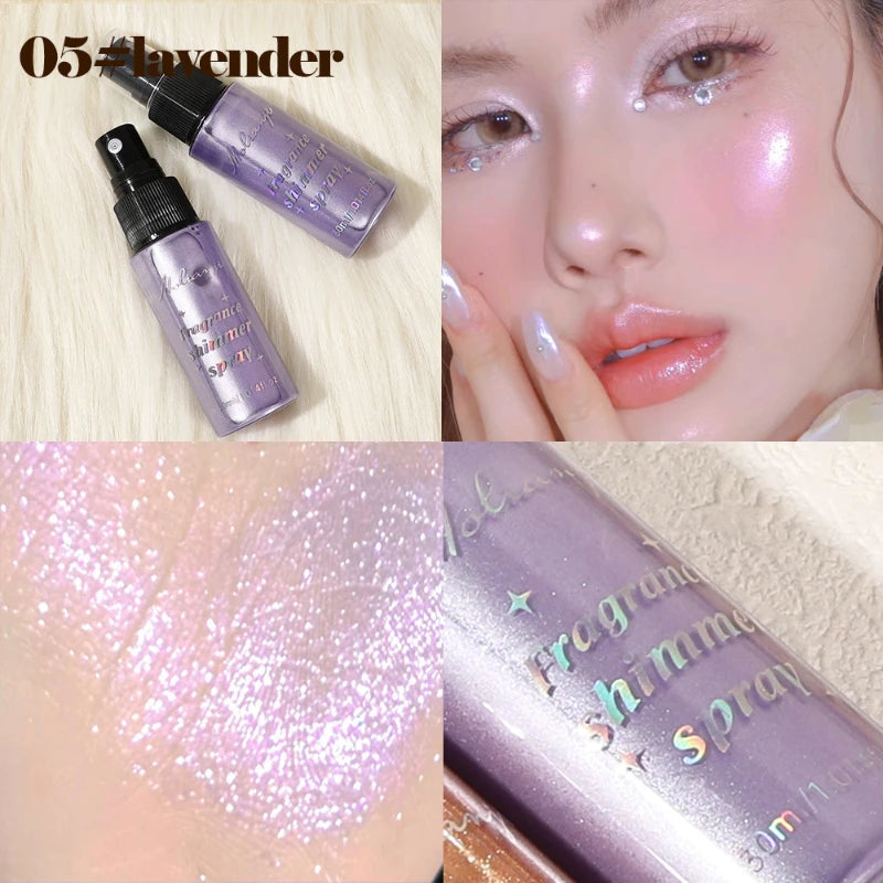 Spray Iluminador com Glitter Perolado, Óleo Loção, Iluminador Líquido para Rosto, Corpo, Pescoço e Cabelo, Brilho Duradouro para Maquiagem