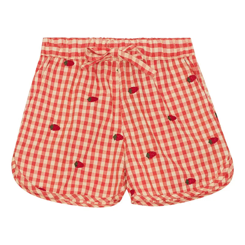 2024 Verão Floess Roupas Infantis Bebê Meninas Vestido de Algodão Xadrez Morango Manga Curta Camisetas Shorts Ternos Roupas Infantis