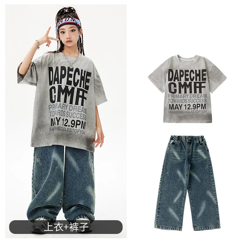 Meninas Meninos Hip Hop Dança de Salão Trajes 4 Crianças Cinza Camiseta Azul Denim Jeans Calças Jazz Dança Roupas Criança Palco Dancewear