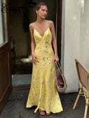 Vestido Feminino Casual Oymimi com Estampa Amarela Elegante Alças Finas Costas Abertas Moda Outono Cintura Alta Vestido de Tornozelo