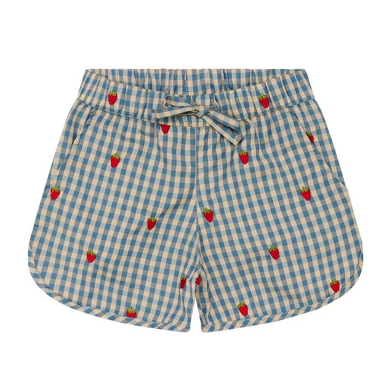 2024 Verão Floess Roupas Infantis Bebê Meninas Vestido de Algodão Xadrez Morango Manga Curta Camisetas Shorts Ternos Roupas Infantis